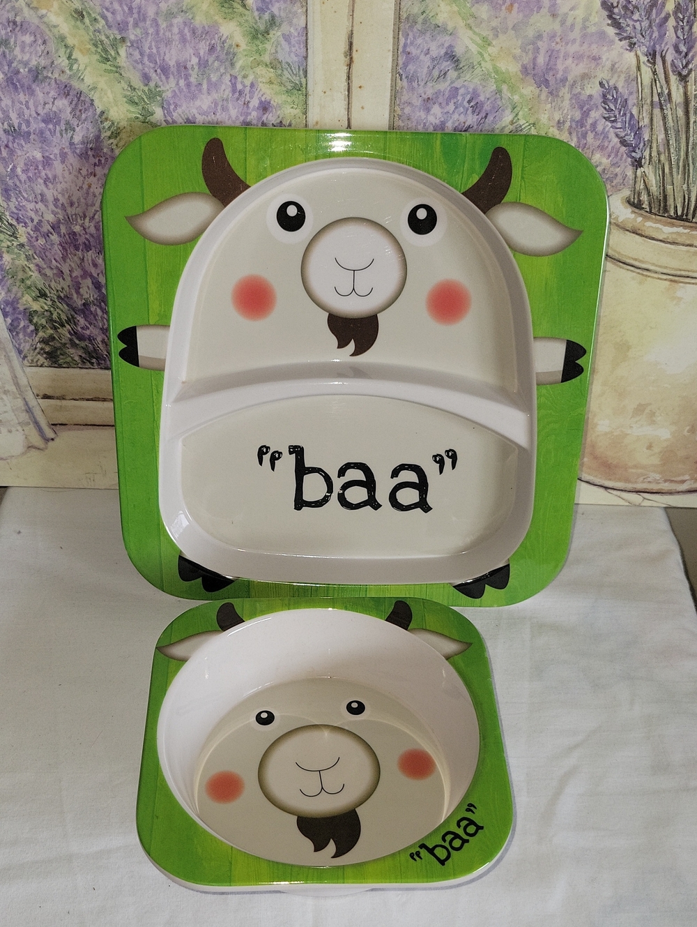 Cute Green Sheep Kids Plate & Bowl Set - 'baa' Design
